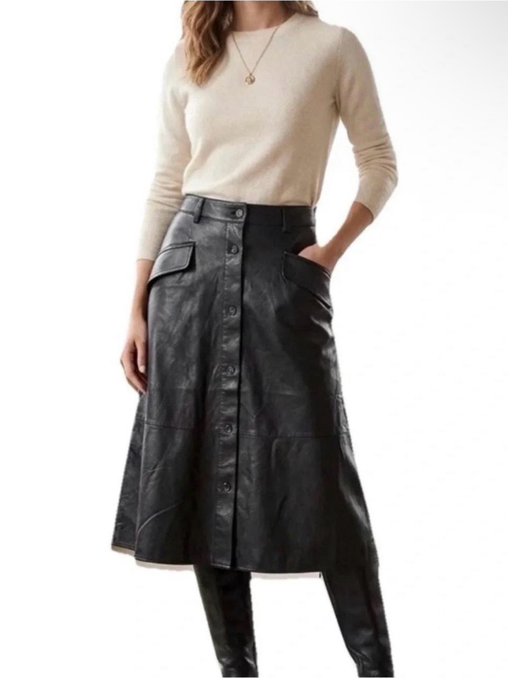 Banana Republic Black Faux Leather A-Line Button-Front Midi Skirt